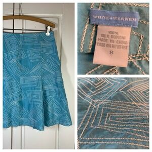 White & Warren Turquoise Embroidered Geometric Skirt Womens‎ 8 Office Church
